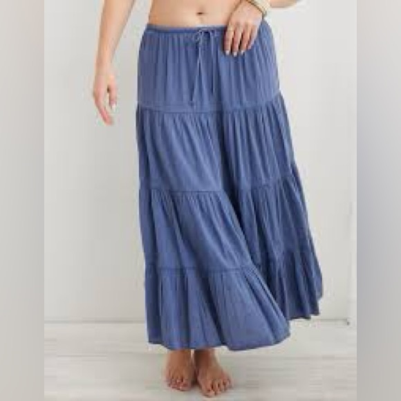Aerie Tie Waist Tiered Maxi Skirt - Blue Size M - Picture 1 of 4